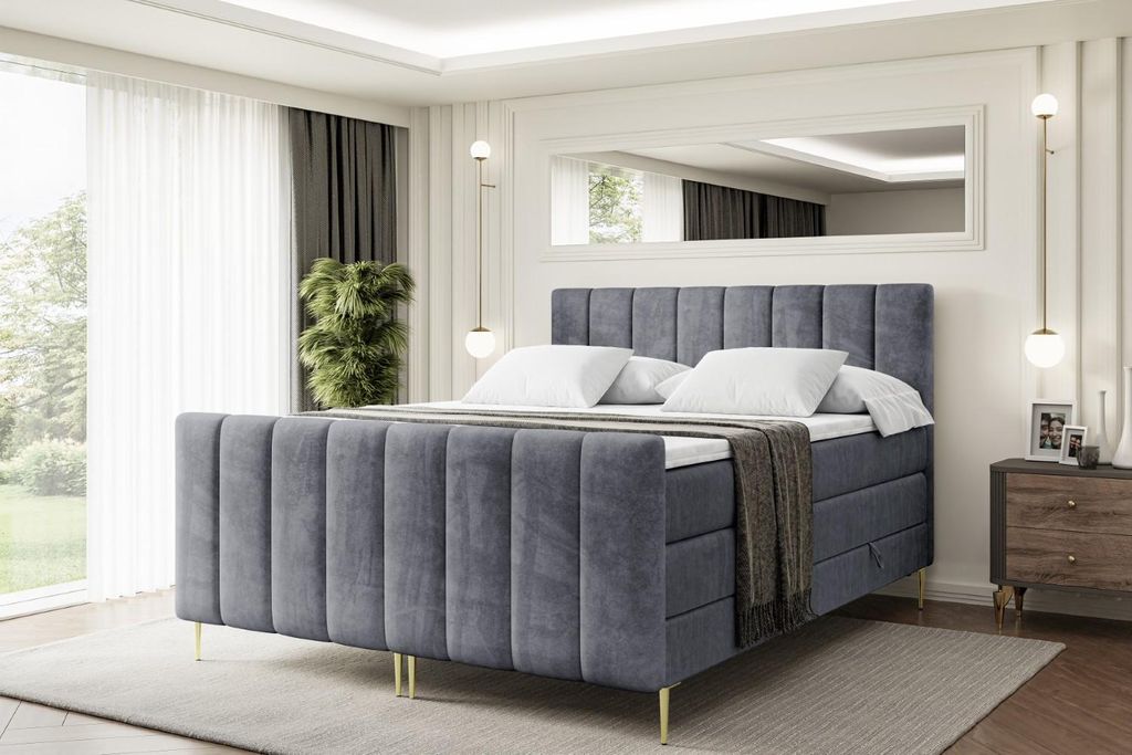 ALTDECOR Boxspringbett mit Gold Füßen, Matratze und Lattenrost, Topper, Fußteil, Polsterbett mit Bettkasten, Bett mit Stauraum H3- und H4- Matra...