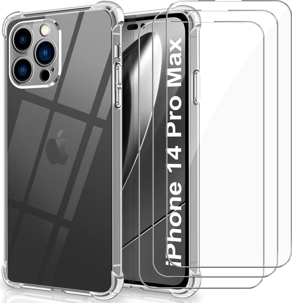 Transparente Silikonhülle Für Apple Iphone 14 Pro Max 3X Gehärtetes Glas