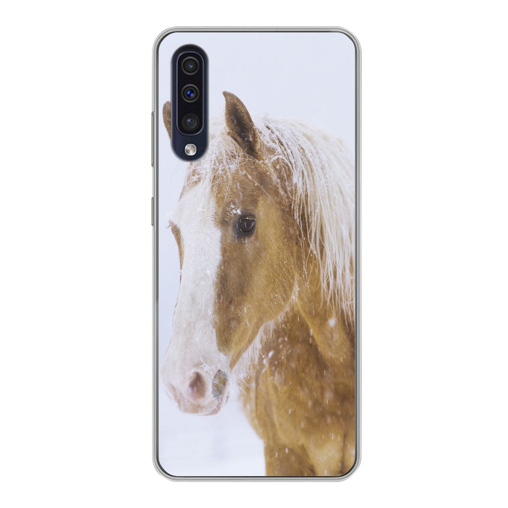 MuchoWow Handyhülle Schutzhülle Hülle für Samsung Galaxy A30s Pferd - Schnee - Winter Silikon Softcase Handy Hülle - Karteninhaber