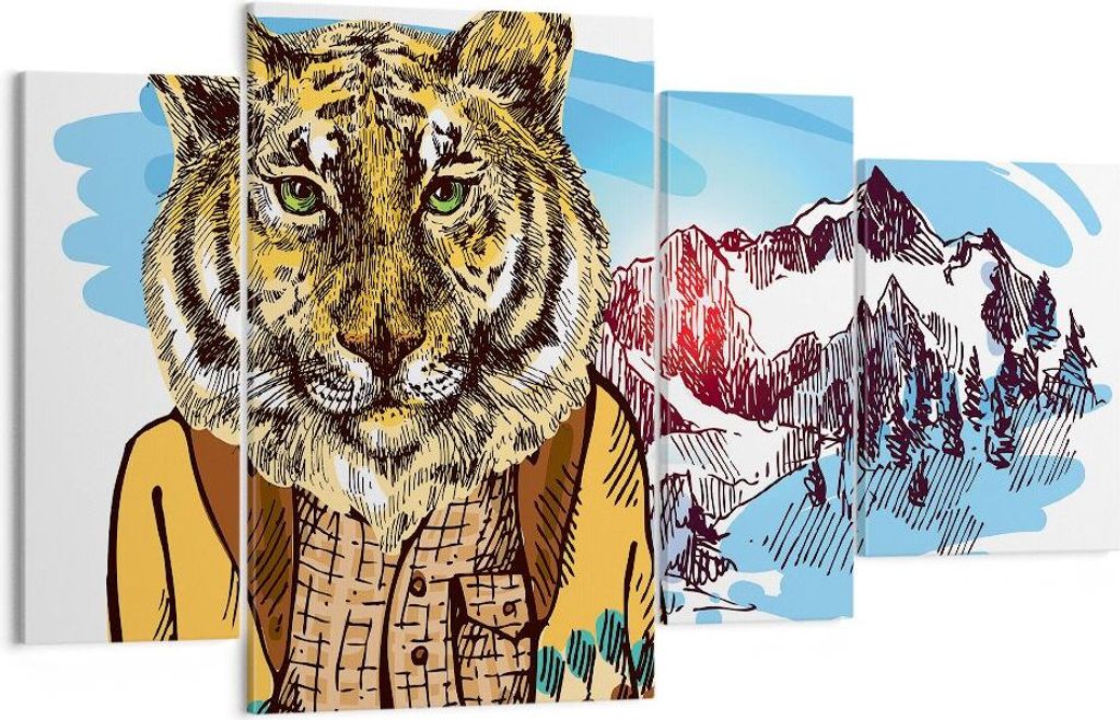 Bild auf Leinwand - Leinwandbild - Tiger in den Bergen Kinder Tierwelt - 120x70cm - Wand Bild - Wanddeko - Leinwanddruck - Bilder - Kunstdruck - Le...