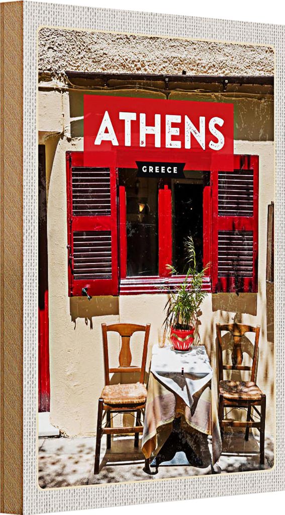 Holzschild Reise 20x30cm Athens Greece Cafe Fensterläden