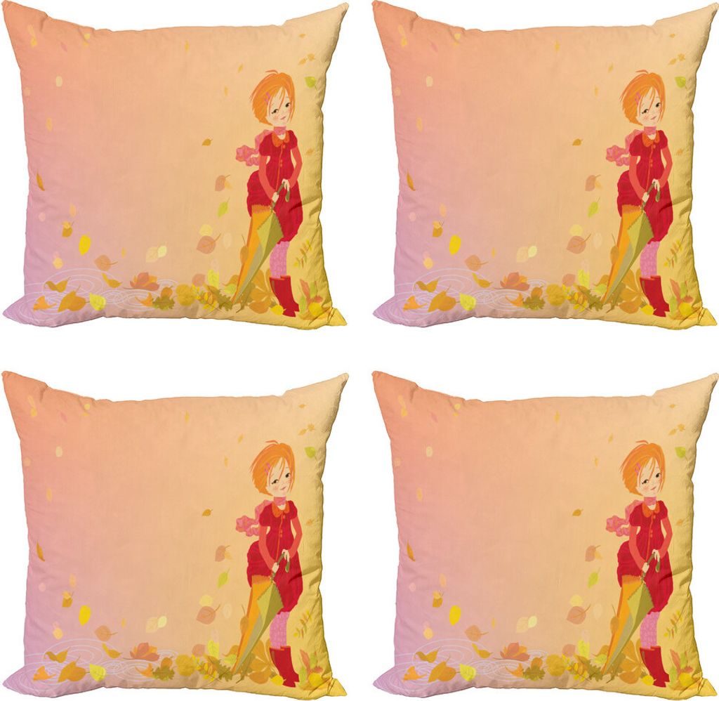 ABAKUHAUS Anime Kissenbezug Set (4 Stück), Lächelndes Mädchen Herbst-Fall, Moderner Doppelseitiger Digitaldruck, 45 cm x 45 cm, Mehrfarbig