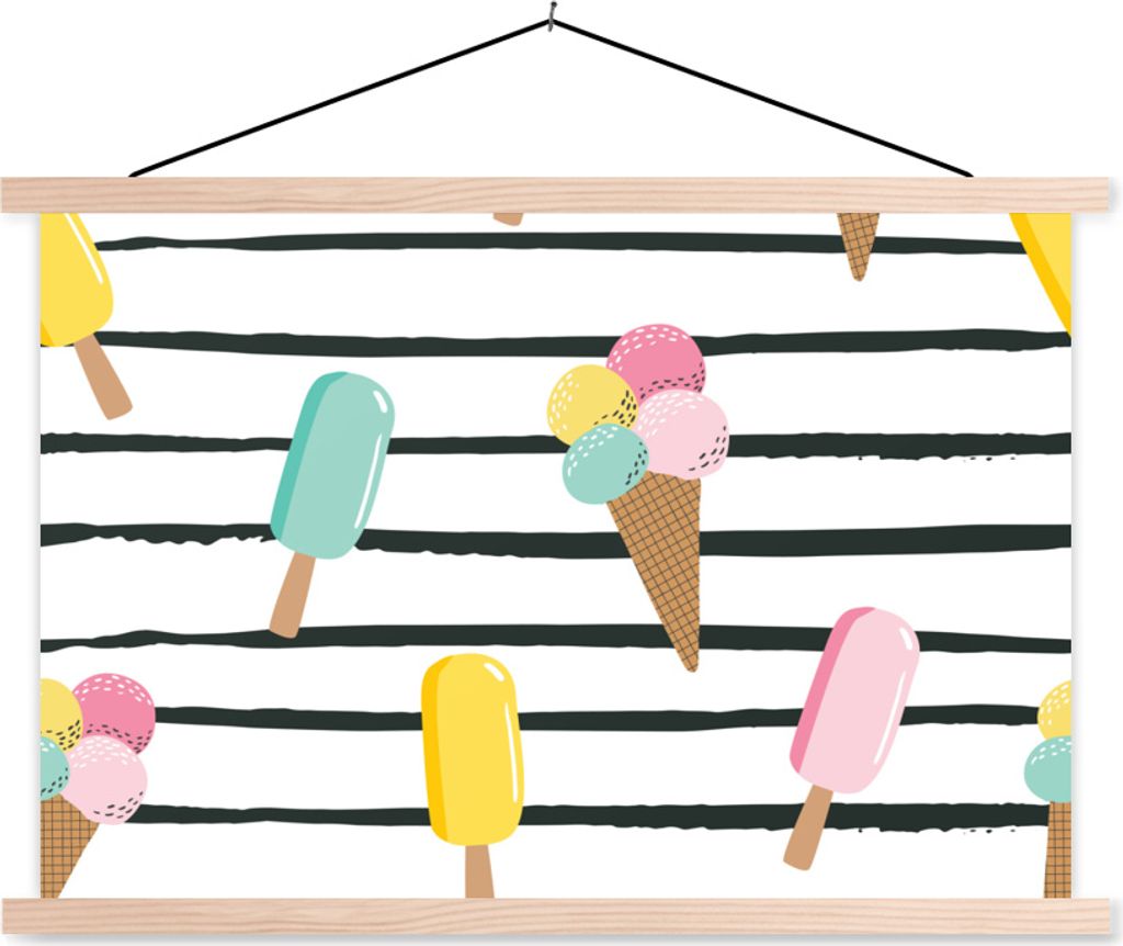 MuchoWow Textilposter Sommer - Eiscreme - Pastell - Streifen 120x80 cm mit holzfarbenen Rahmen - Aufhängeset