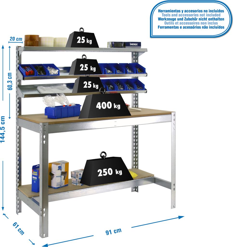 PROREGAL Werkbank BUFFALO mit Frontablage | HxBxT 84x90x61cm | Traglast 400kg | Verzinkt