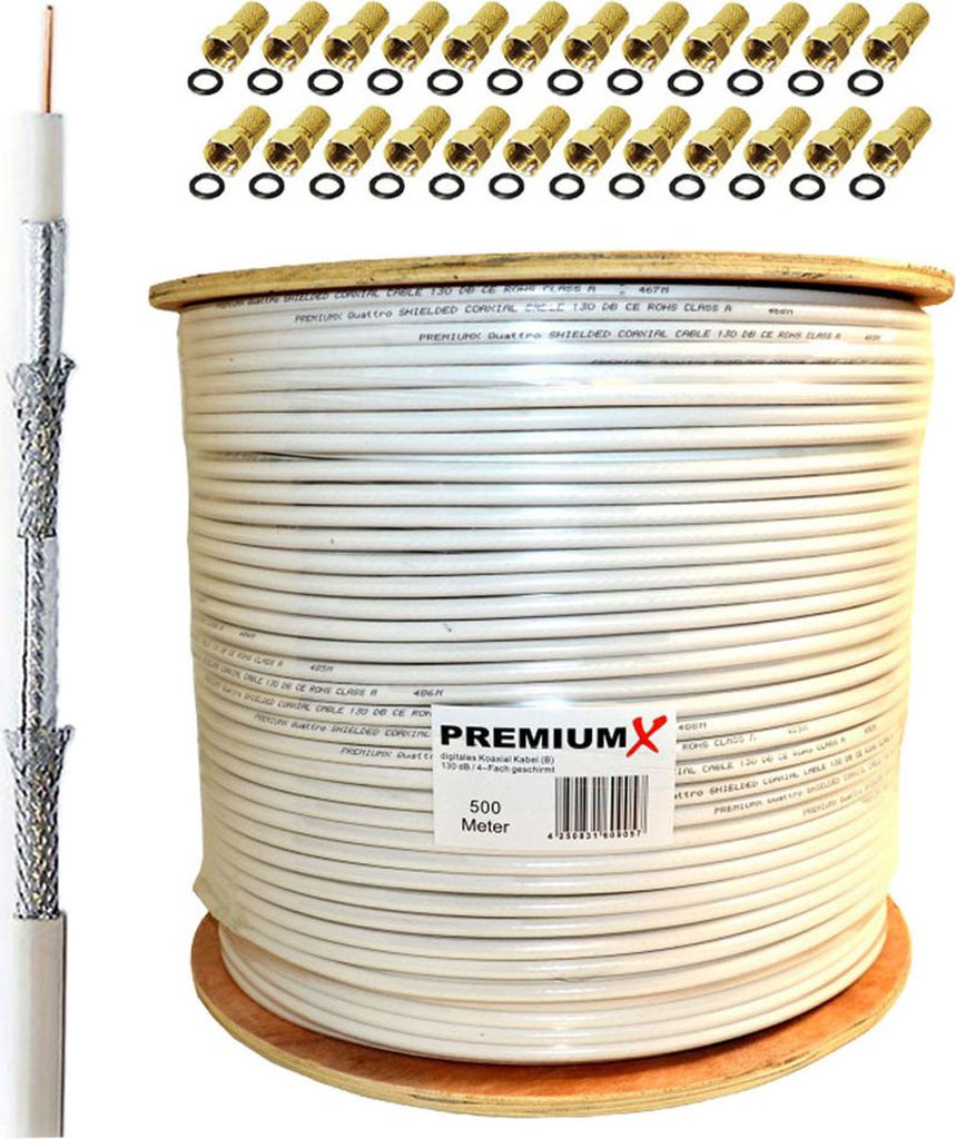 PremiumX 500m BASIC Koaxialkabel 135dB 4-fach SAT Koax Kabel 24x F-Stecker
