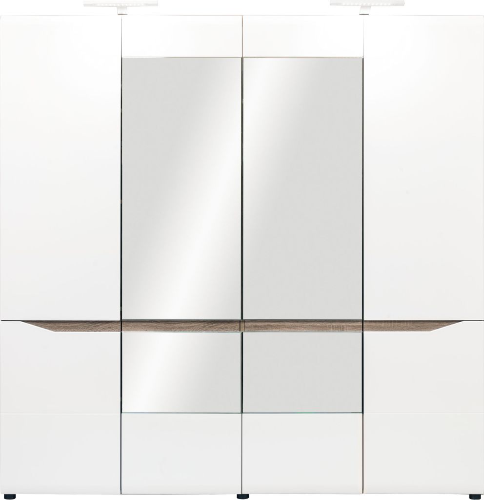 Furniture24 Kleiderschrank LIONEL LI10 Schrank 198 cm 2 Kleiderstangen Drehtürenschrank mit Spiegel Sonoma Trüffel/Weiß Glanz