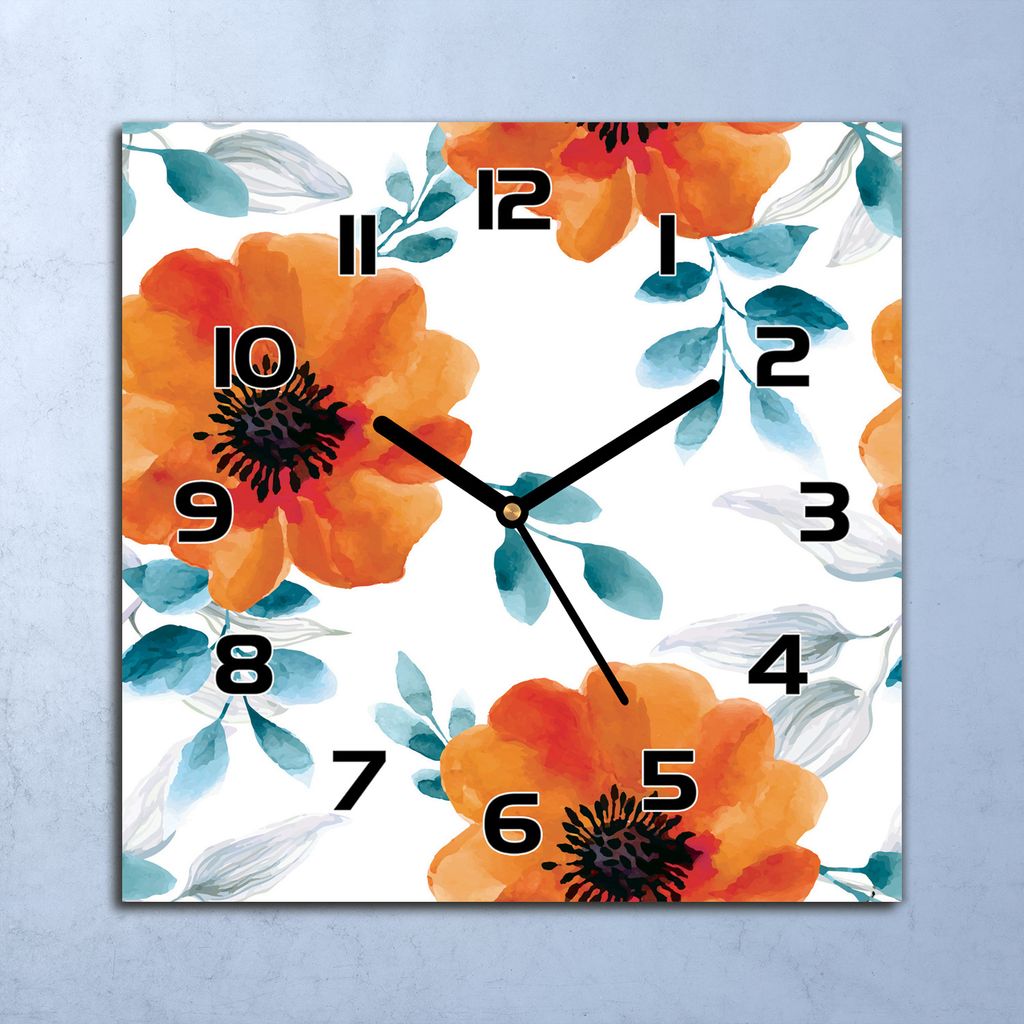 Wanduhr Echt-Glas-Küchenuhr Aquarell Mohnblumen Quarz 30x30 Deko Bilder