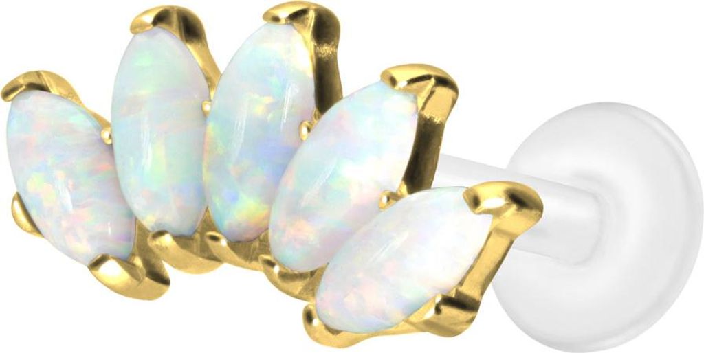 Ohrpiercing, Nasenpiercing PTFE Labret mit Innengewinde + Titan-Aufsatz BOGEN + SYNTHETISCHE OPALE Gold Stablänge: 9mm | Stabstärke: 1,2mm