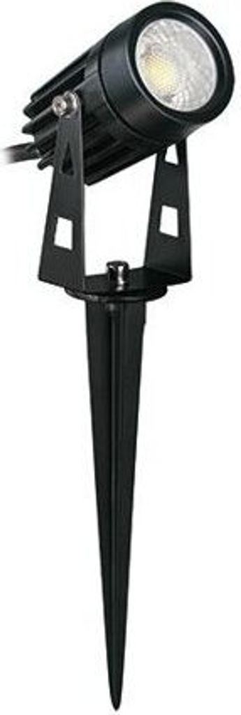 A black outdoor spotlight with a spike for ground placement.