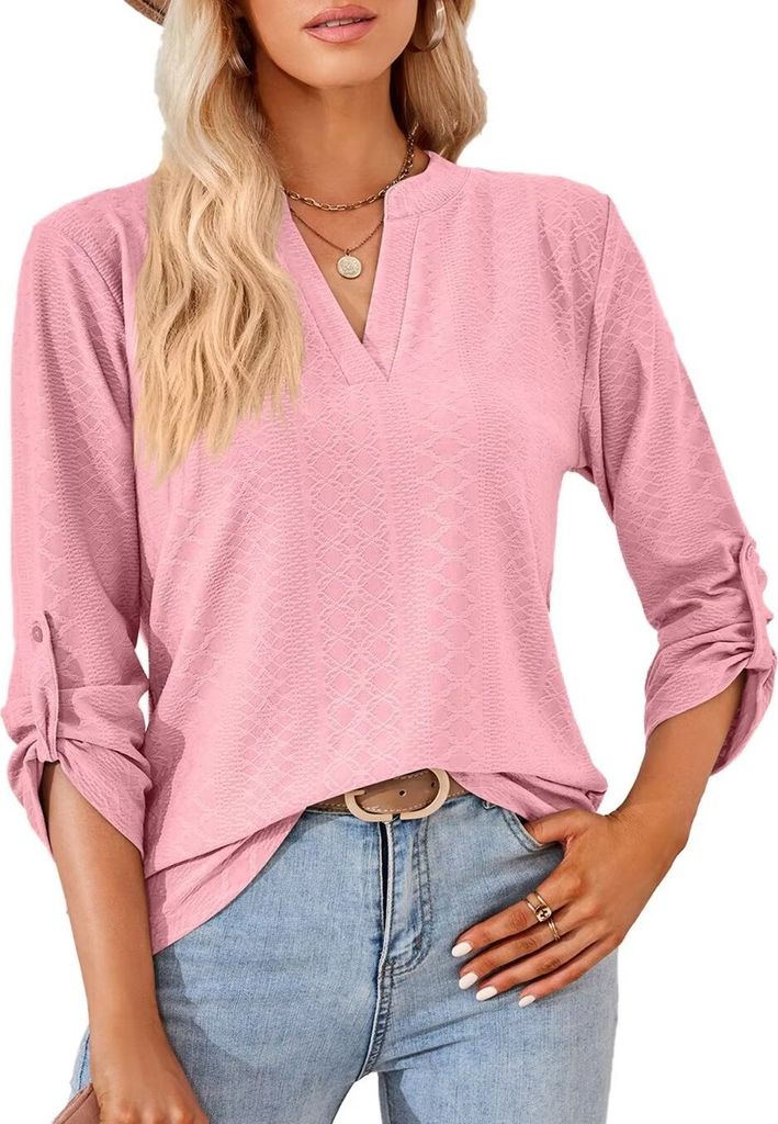 ASKSA Damen Bluse V-Ausschnitt Einfarbig Oberteile Elegant Lose Causal Tunika Tops, Rosa, XL