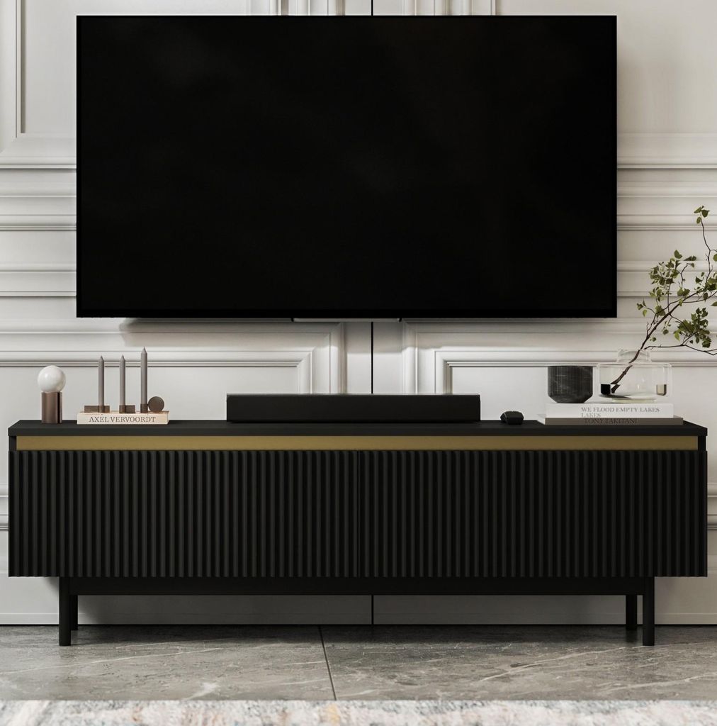 TV-Lowboard SELENE von Lindner Möbel – zweitürig – 140 x 44 x 35 cm - Farbe: Schwarz matt – Italienische Tiefmattfolie - Schwarzer Rahmen