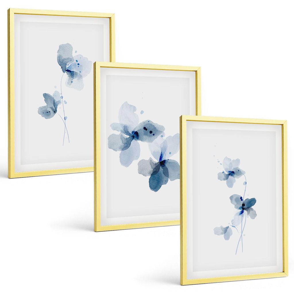 Bilder Set 3-teilig im Goldrahmen Rahmen – Wandbilder 3 Stück – gerahmte Poster für Wohnzimmer, Schlafzimmer und Flur – 40x60 cm – Blaue ...