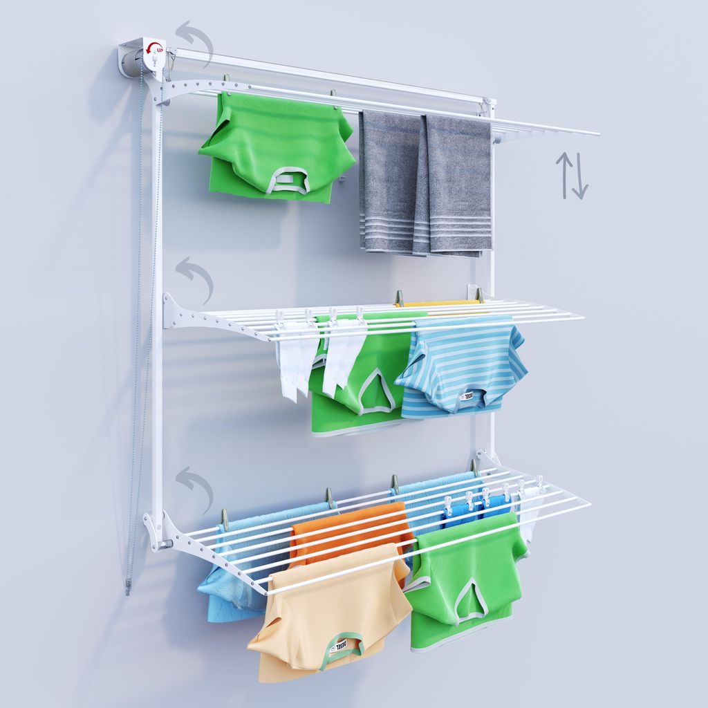 A vertical wall-mounted clothes drying rack with multiple tiers, loaded with laundry.