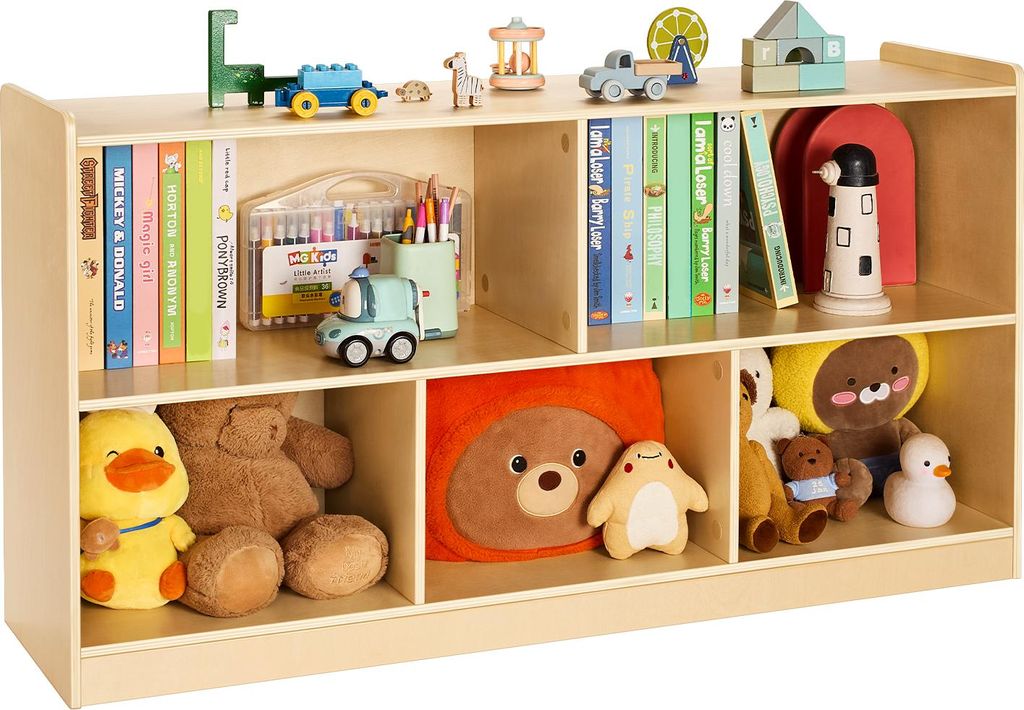 A wooden bookshelf filled with children's books and stuffed toys.