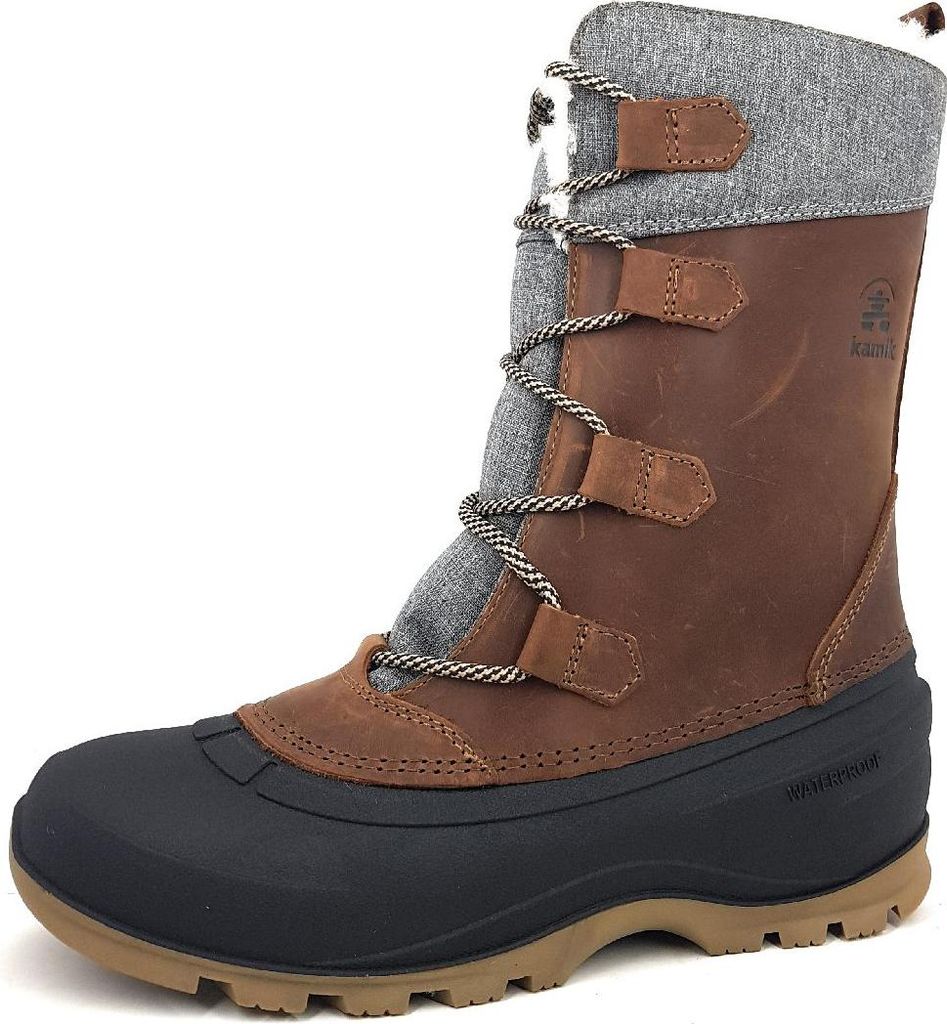 A single brown winter boot is shown against a white background.