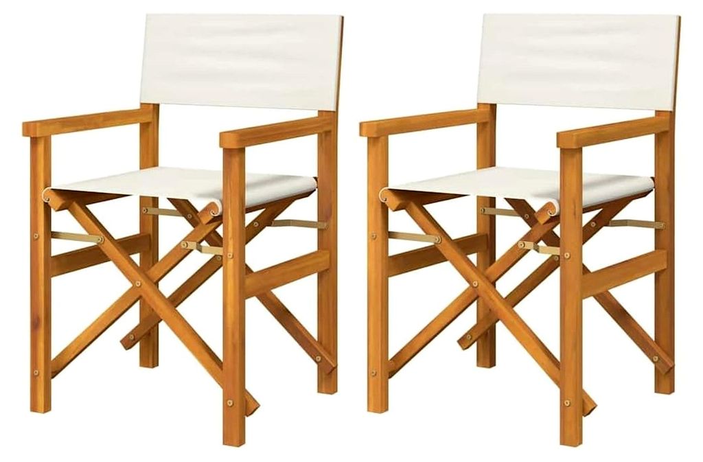 2er Set Klappbare Regiestühle aus Teakholz in Creme, Gartenstühle für den Außenbereich, Faltbare Loungesessel mit Armlehnen
