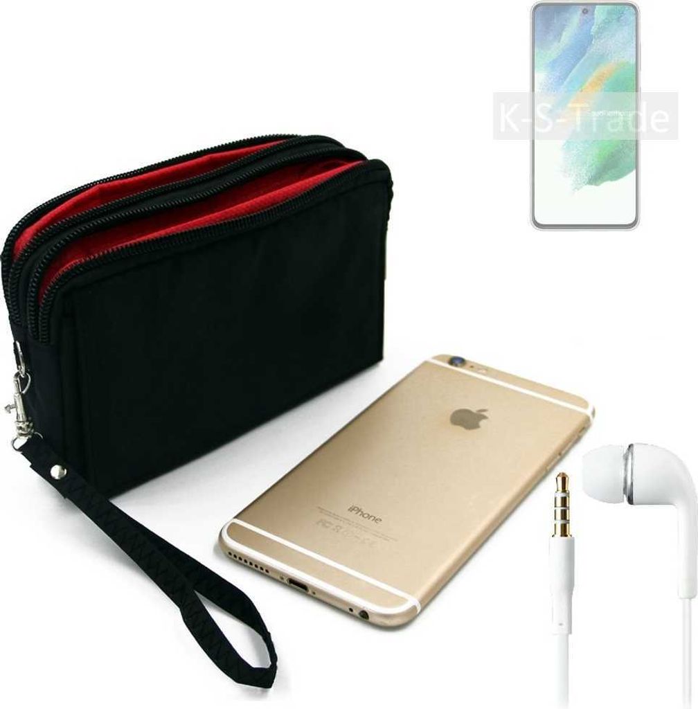 TOP SET kompatibel mit Samsung Galaxy S21 FE SD888 Handy Hülle Gürteltasche schwarz + Kopfhörer Travel Bag Travel-Case mit Diebstahlschutz