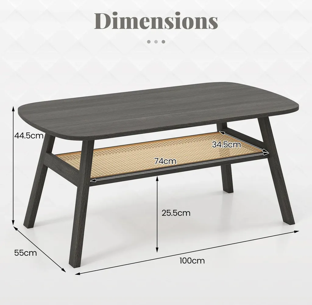Table basse en bois noir et rotin - Table de salon rectangulaire chic