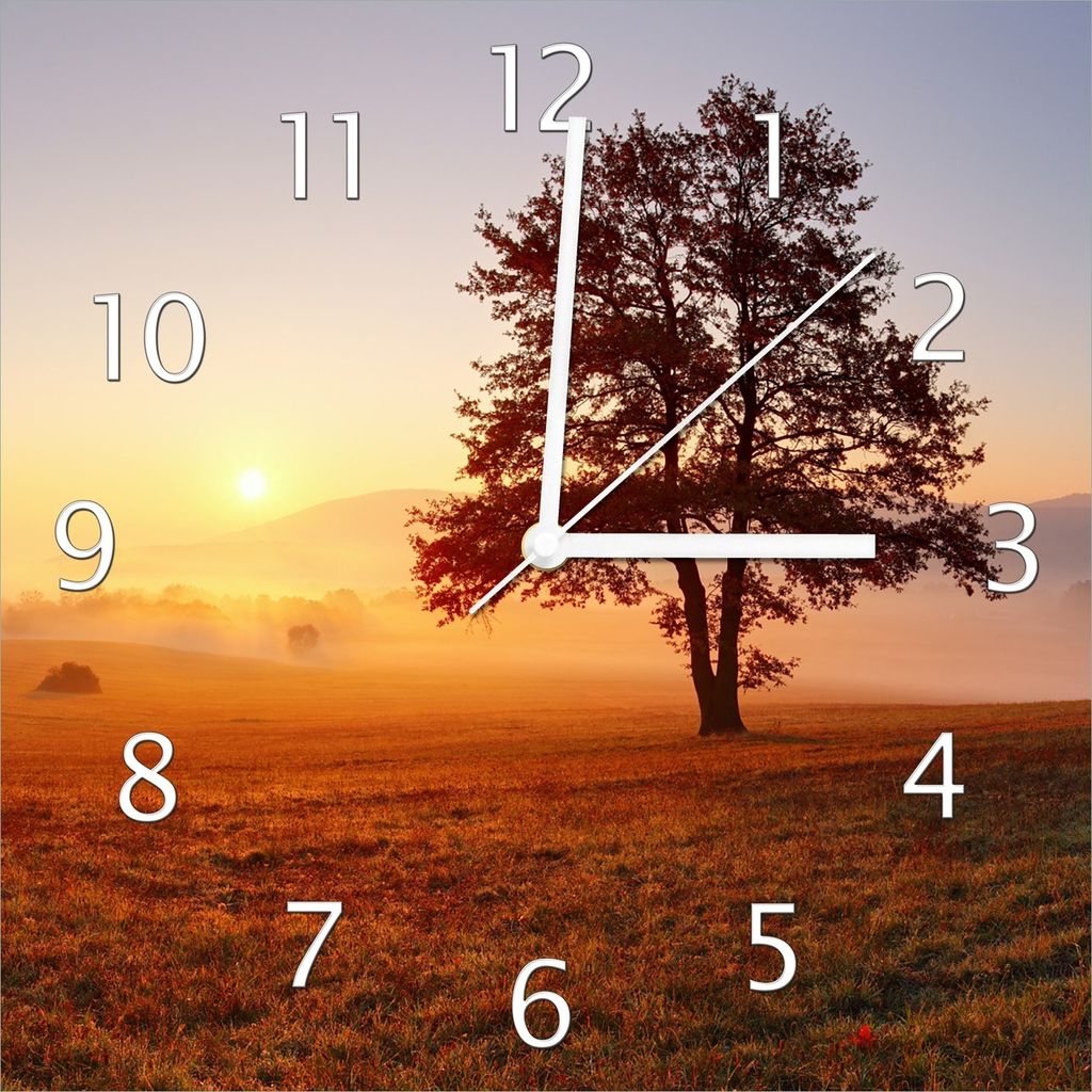 Wallario Design Wanduhr Sonnenaufgang über der Wiese mit Produktbild 