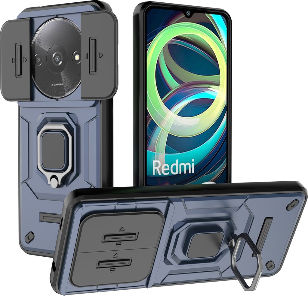 Hülle für Xiaomi Poco C61 / Redmi A3 Dual Layer Handyhülle Schiebe Kamera Schutz und Ringhalter Ständer Blau