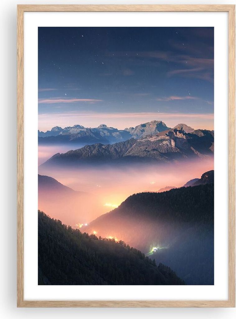 Gerahmtes Poster - Rahmen in heller Eiche - Berge Wolken Nebel - 50x70 cm - Wand Bild - Wanddeko - Wandbilder - Kunstposter - Wandposter - Bilderra...