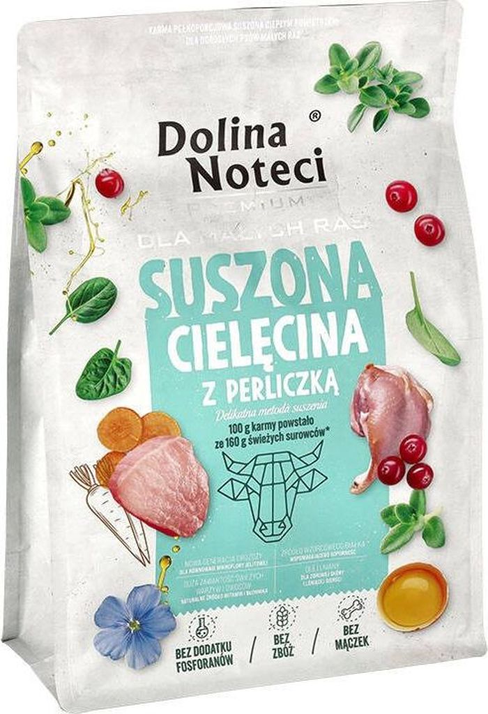 A bag of dog food with illustrations of ingredients.
