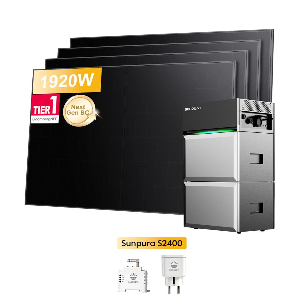 Balkonkraftwerk mit Speicher, Sunpura S2400 All-in-One Speicher mit 2x B2400 Erweiterungsakku & Sunpro 1920W Solarmodule, Smarter Zähler + Smart Plug