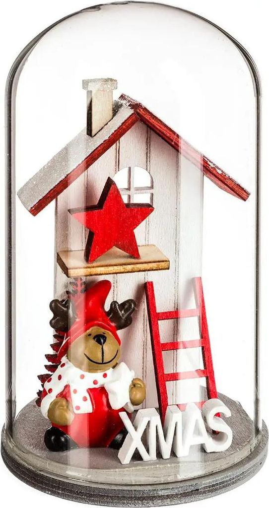 Glaskuppel mit Weihnachtshaus aus Holz, 12 cm