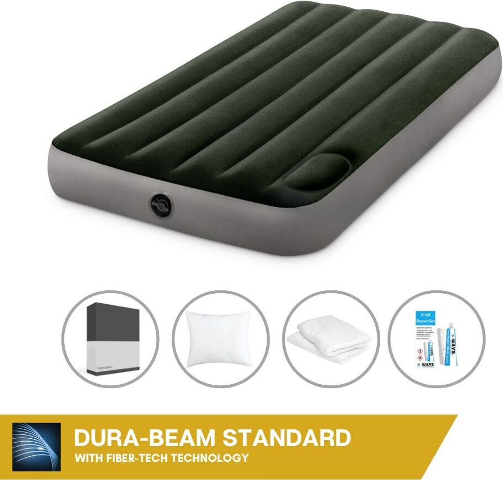 Intex Luftbett - 1 Person - 99 x 191 x 25 cm - Grün - Mit eingebauter Fußpumpe + Spannbettlaken Schwarz + Kopfkissen + Molton 2 in 1 Kissenbezüg...