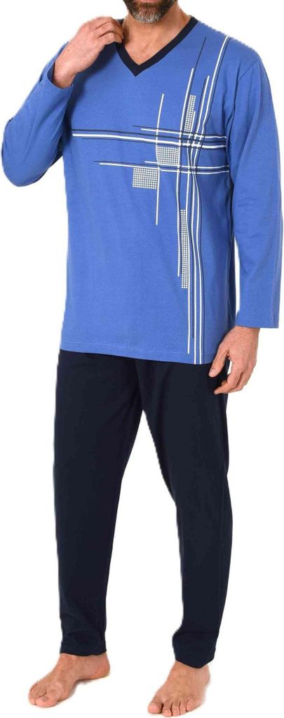 Normann Herren langarm Schlafanzug Pyjama mit eleganten Frontprint im zeitlosen Design ; blau , 56