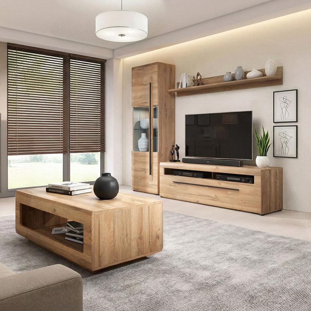 Wohnzimmer Set in Eiche, 4-teilig mit Wohnwand & Couchtisch, inkl. LED Beleuchtung - TURDA-83