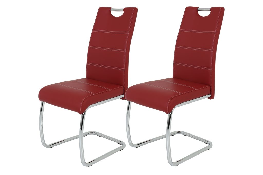 Hela Tische, 2er Set Esszimmerstuhl Freischwinge Flora - Bezug Kunstleder Bordeauxrot - Metallgestell verchromt - 120kg belastbar - Lehne mit Griff