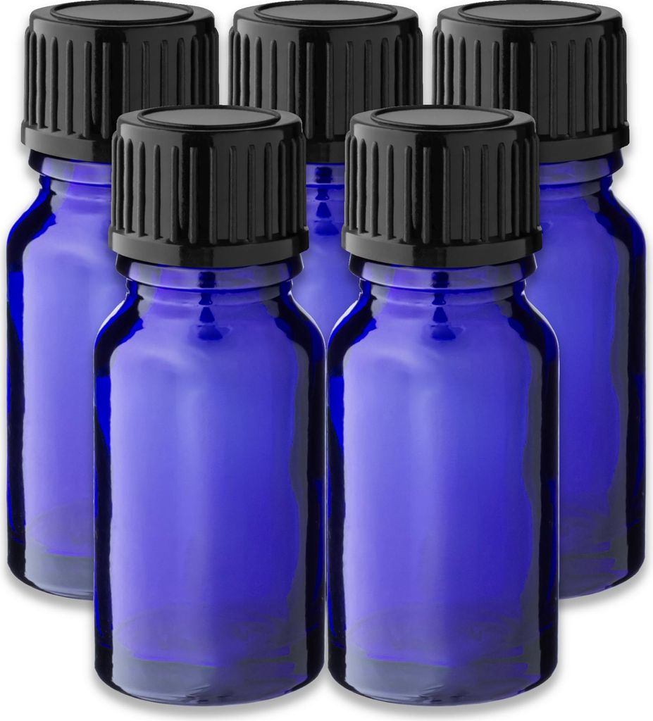 5x Blaue Glasflasche 10 ml mit schwarzem PP-Schraubverschluss Kappe