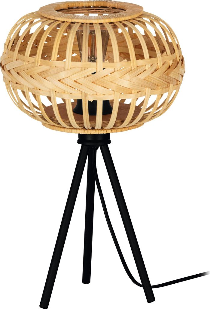 EGLO Stativ Tischlampe Amsfield 1, Tischleuchte aus Metall in Schwarz und Bambus in Natur, Leuchte, Holz Lampe für Wohnzimmer und Schlafzimmer, E27