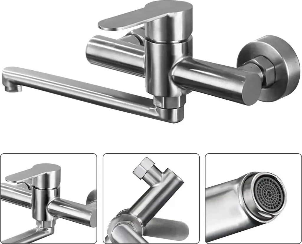 Rubinetto Cucina a Parete Acciaio Inox: Miscelatore Girevole 360°