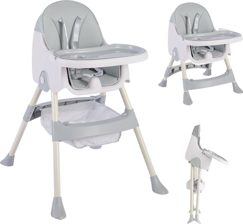 K IKIDO Hochstuhl Baby, 3in1 Kinderhochstuhl, Klappbarer Esszimmerstuhl, Korb, 5-Punkt-Sicherheitsgurt, Babystuhl für baby ab 6 Monaten, grau