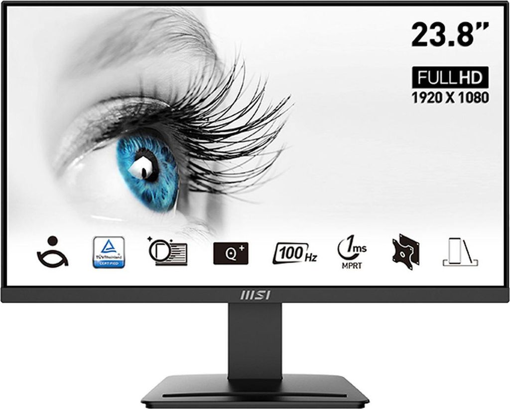 A marketing image for an MSI monitor, featuring a close-up of an eye and various icons representing product features.