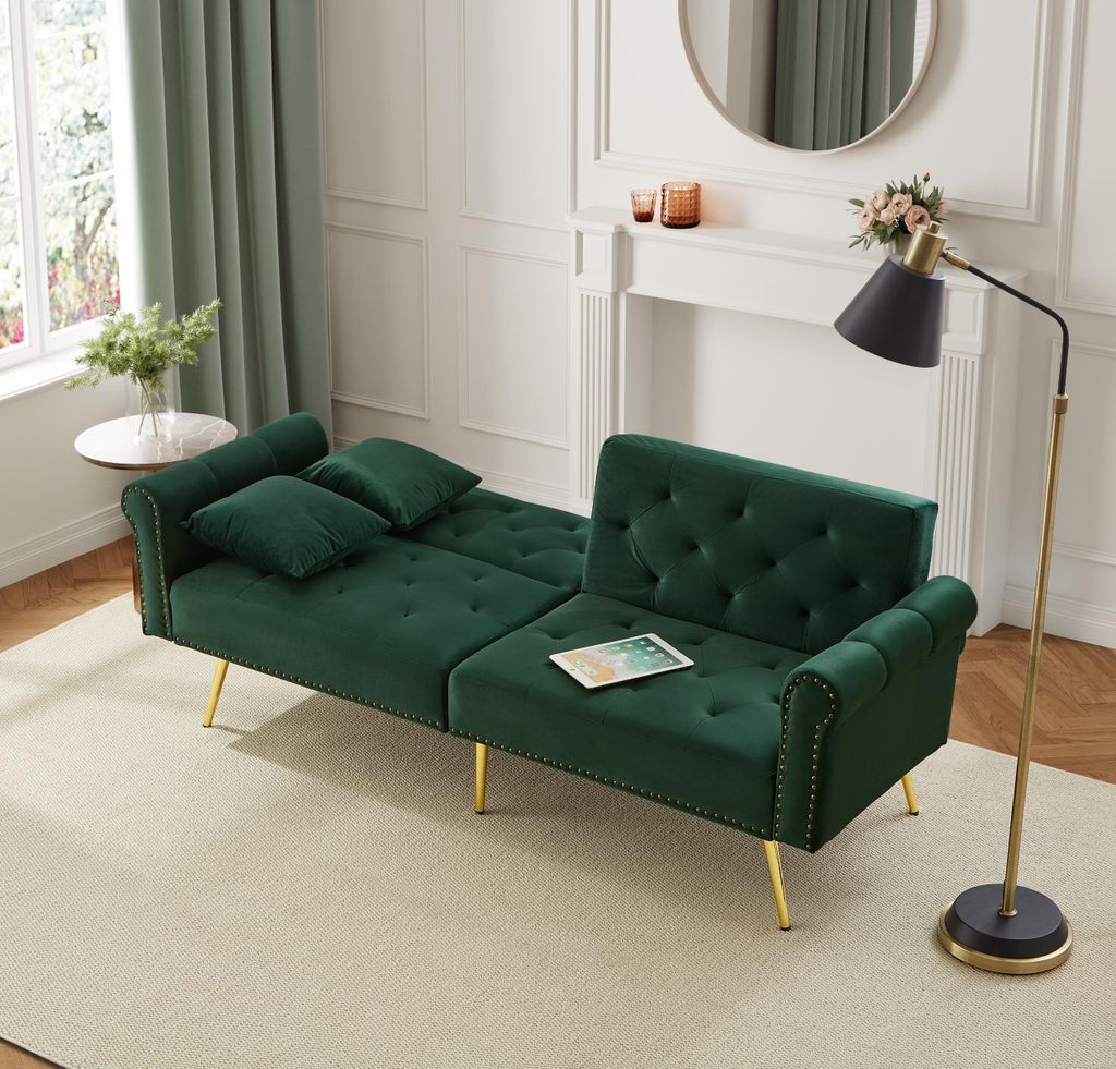 Merax 2-Sitzer Schlafsofa mit Schlaffunktion und Verstellbare Rückenlehne, Samtbezug & goldene Metallfüße – Inkl. Kissen & Stauraum, Grün