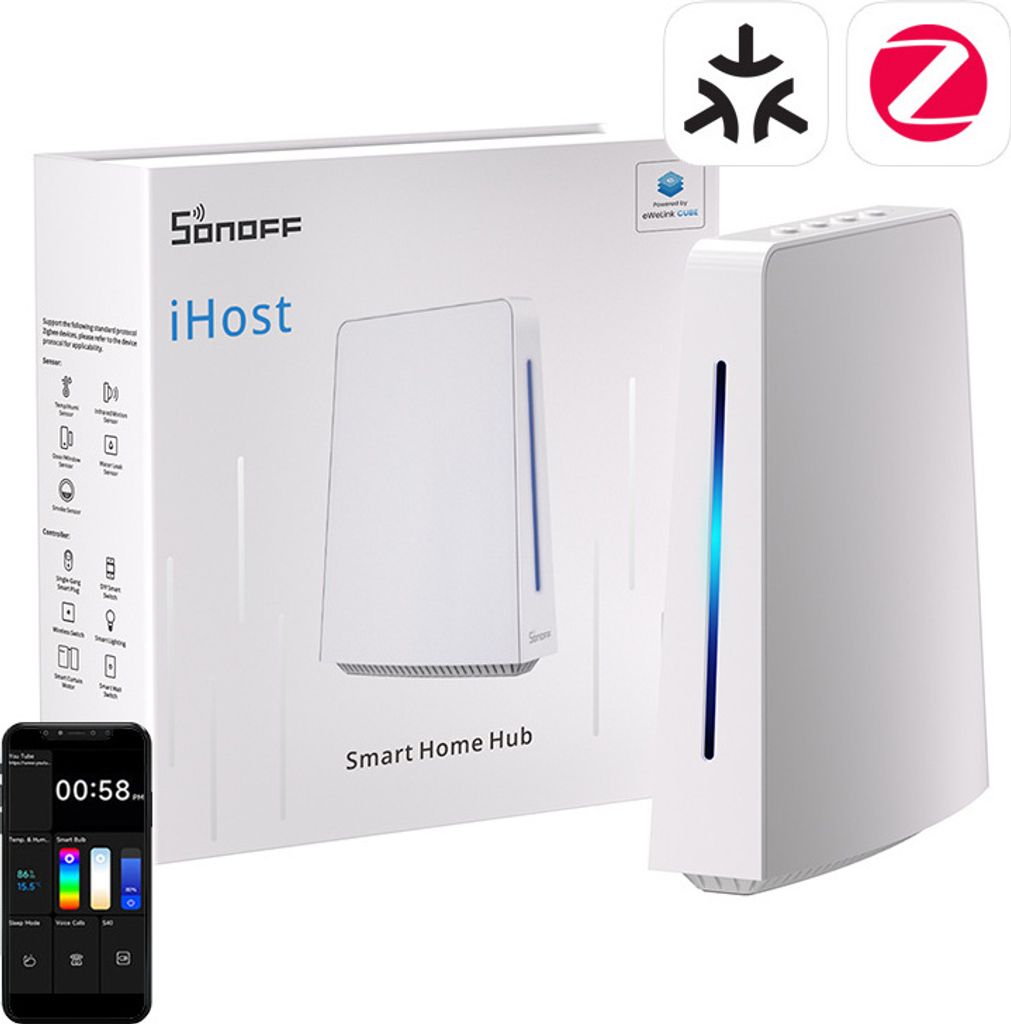 A Sonoff iHost Smart Home Hub and its packaging are displayed against a white background.