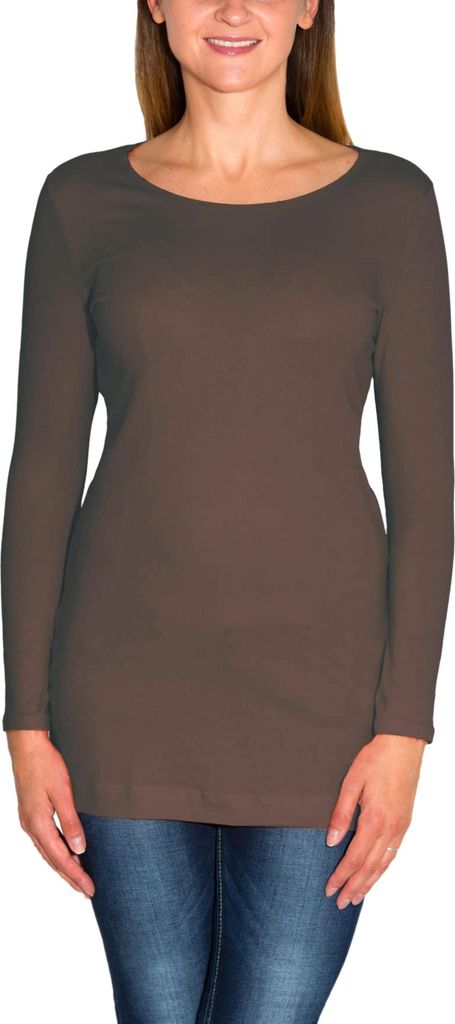 Alkato Damen Langarm Longshirt Langarmshirt Tunika Basic Shirt, Farbe: Schokoladenbraun, Größe: L