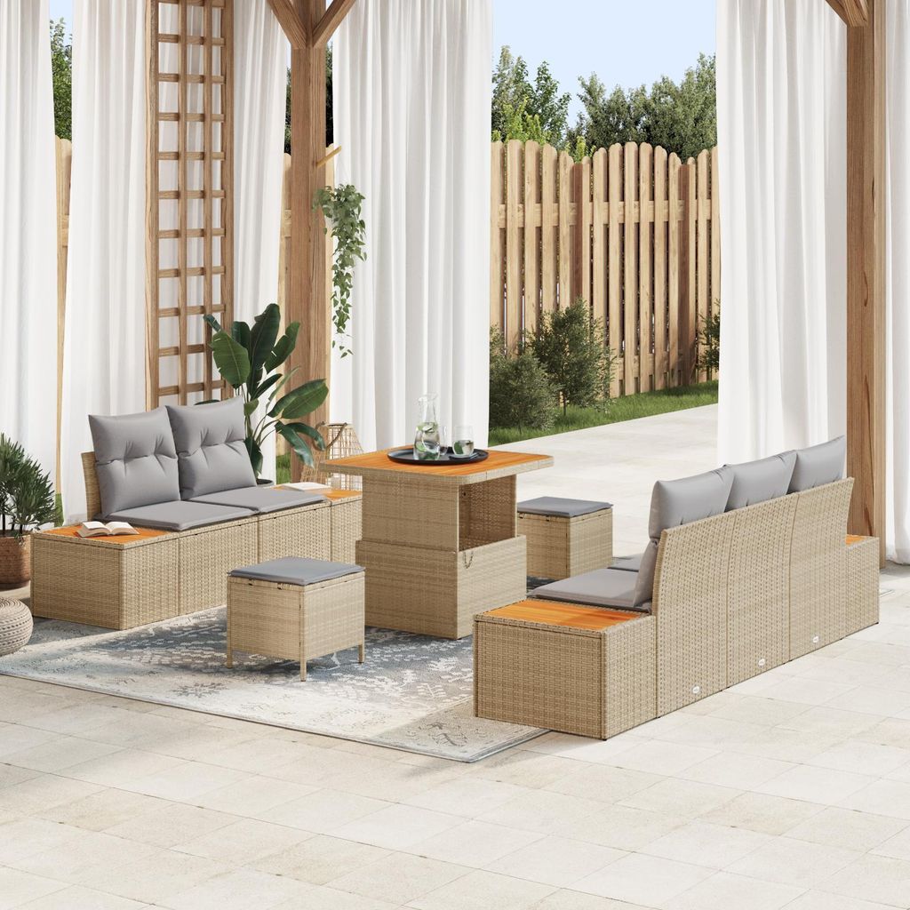 Cloris Gartenlounge Set 8-teiliges Garten Sofa Set mit Kissen Beige Poly Rattan Akazie - Terassenmöbel Gartenmöbel Design4263913