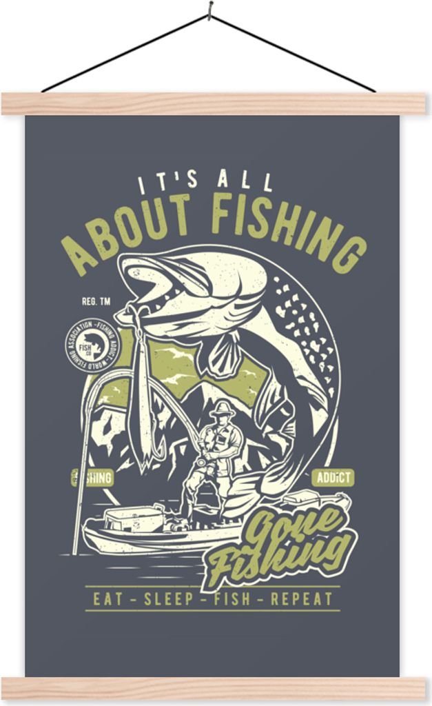 MuchoWow Textilposter Fisch - Boot - Rute - Vintage 40x60 cm mit holzfarbenen Rahmen - Poster