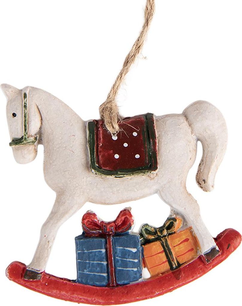 Clayre & Eef Weihnachtsanhänger Schaukelpferd 7x1x7 cm Weiß Kunststoff