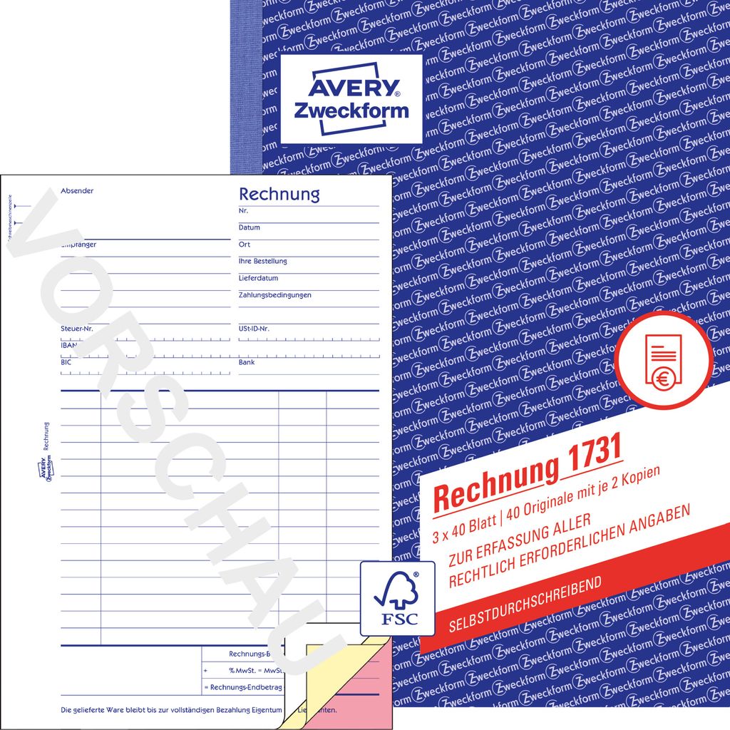 Avery Zweckform 1731, Rechnung, A5, selbstdurchschreibend, 3x40 Blatt