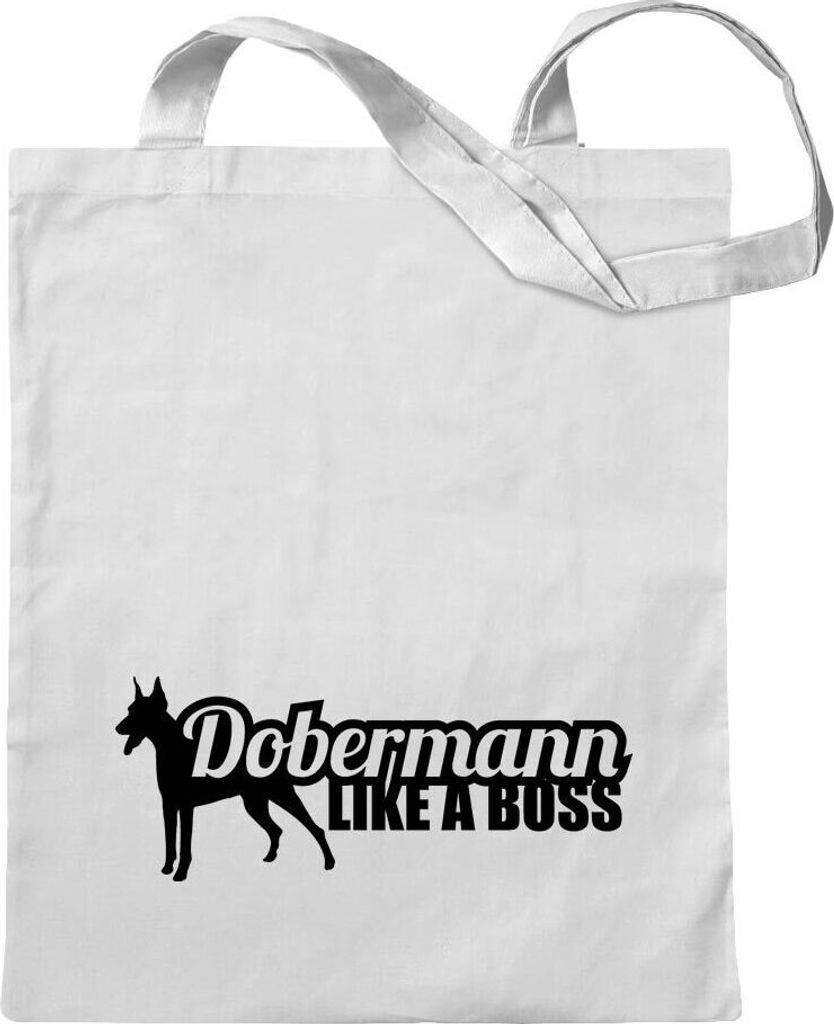 Kiwistar - Baumwolltasche - weiss - Dobermann Like a Boss Hund - Tragetasche Stoffbeutel Umhängetasche Langer Henkel