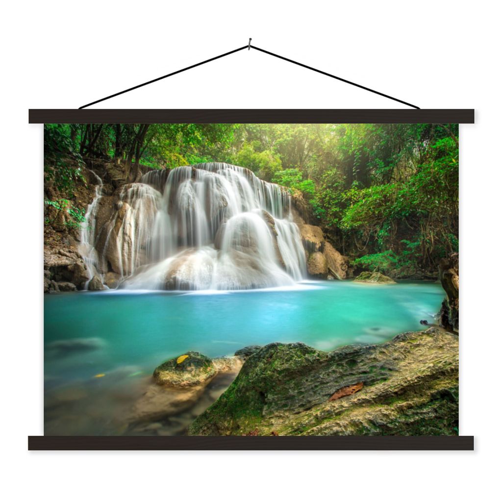 MuchoWow Textilposter Wald - Wasserfall - Natur 60x45 cm mit schwarzem Rahmen - Poster Schlafzimmer