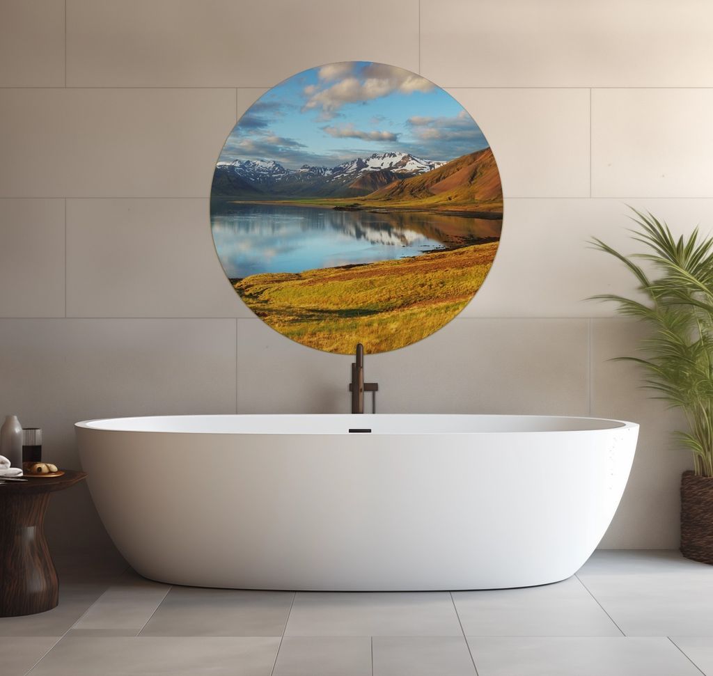 Wallario wasserfestes Poster selbstklebend 90 x 90 cm, Bergpanorama mit Spiegelung im See, Badezimmerposter Spritzschutz mit Hochglanzoberfläche i...