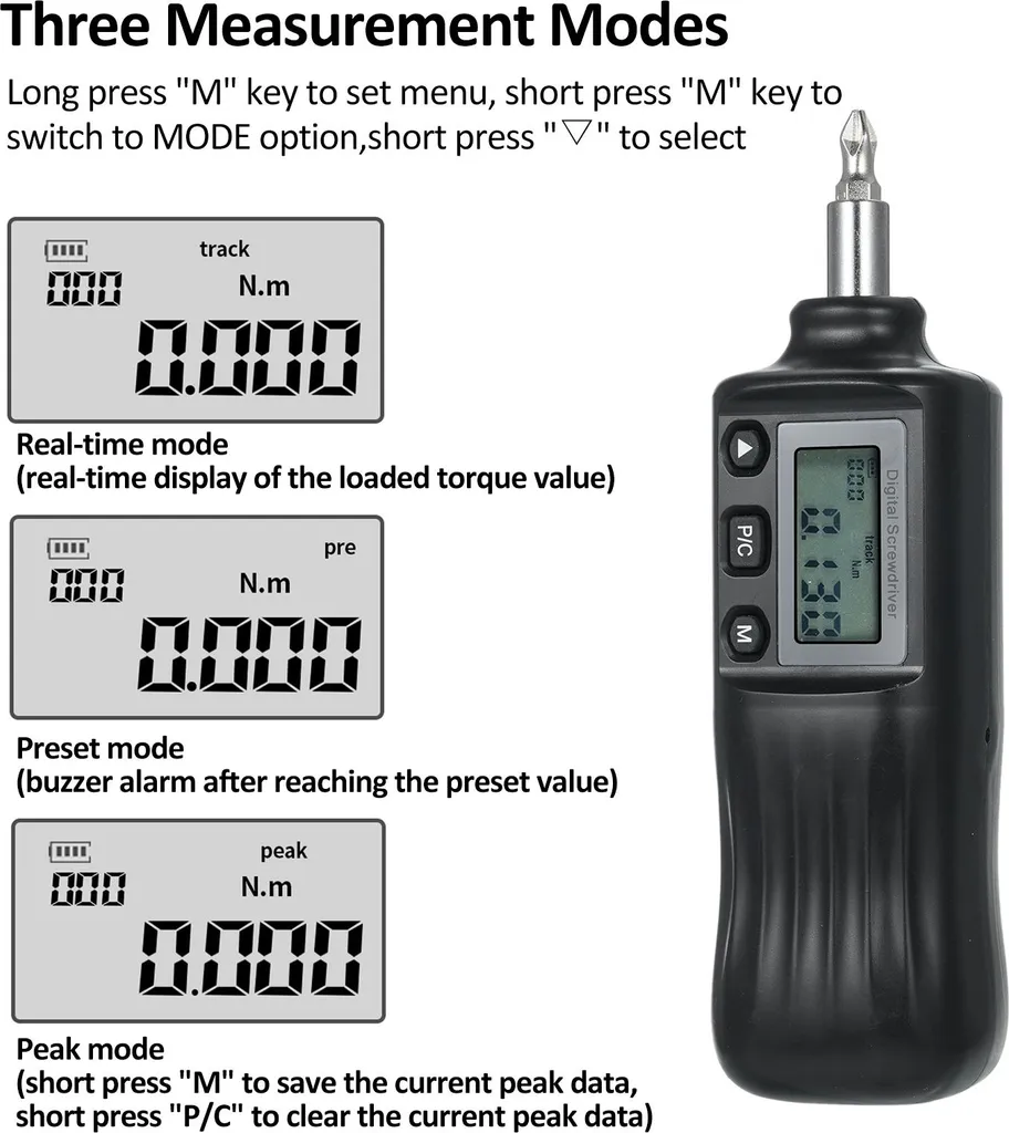 Tournevis dynamométrique avec écran LCD 1,6-8 Nm et modes de mesure réglables