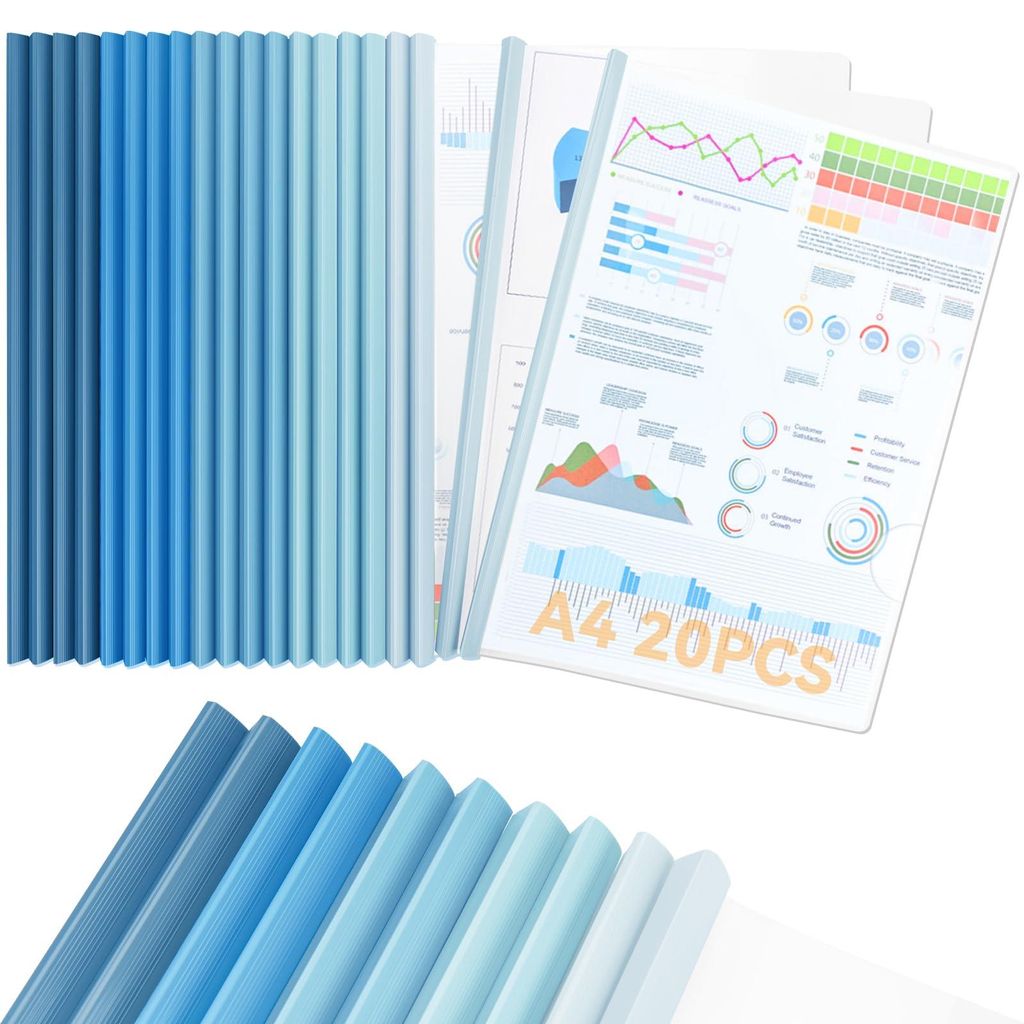 20 A4-Klemmschienen, 10 mm Rückenbreite, Bindekapazität für 90 Blatt, A4-Klammermappe für Büro, Schule, Archiv, Dokumentenorganisation, blau