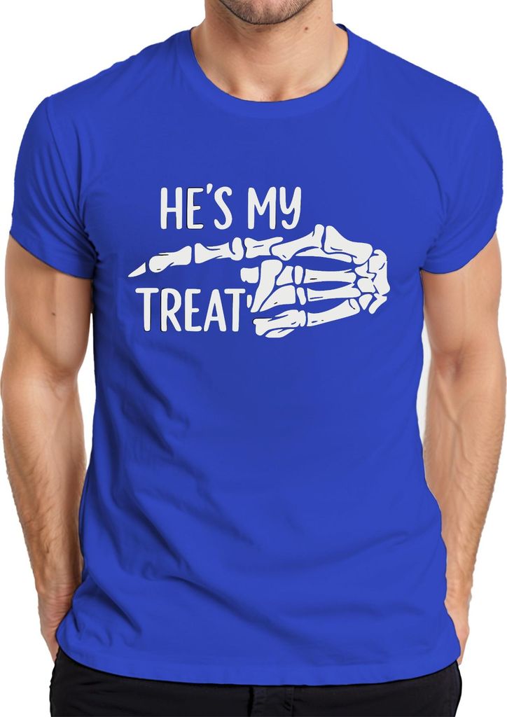 Halloween Skeletthand Paar Spruch He's my treat Lustig Partner Herren T-Shirt, Blau, S